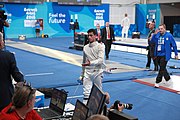 Deutsch: Fechten bei den Olympischen Jugend-Sommerspielen 2018: Tag 1, 7. Oktober 2018, Jungen, Säbel, Kampf um Bronze - Mazen Elaraby (EGY) - Robert Vidovszky (USA) 15:10 English: Fencing at the 2018 Summer Youth Olympics at 7 October 2018 – Boys' sabre Bronze medal match – Mazen Elaraby (EGY) Vs Robert Vidovszky (USA) 15:10