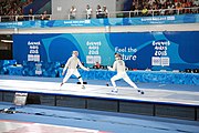 Deutsch: Fechten bei den Olympischen Jugend-Sommerspielen 2018: Tag 1, 7. Oktober 2018, Jungen, Säbel, Finale - Krisztián Rabb (HUN) - Hyun Jun (KOR) (USA) 15:13 English: Fencing at the 2018 Summer Youth Olympics at 7 October 2018 – Boys' sabre Gold medal match – Krisztián Rabb (HUN) Vs Hyun Jun (KOR) (USA) 15:13