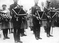 Foch's decorations displayed for his funeral, including his Legion of Honour medals and his three Marshal batons (British, French and Polish).