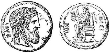 Coin from Elis district in southern Greece illustrating the Olympian Zeus statue (Nordisk familjebok)