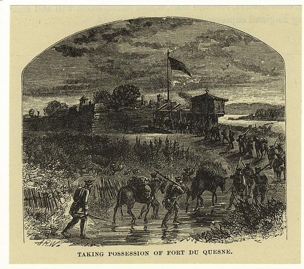 Engraving depicting the British arriving at the remains of Fort Duquesne