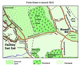 Fortis Green in 1815 showing the rural nature of the area at the time Fortis Green 1815.jpg