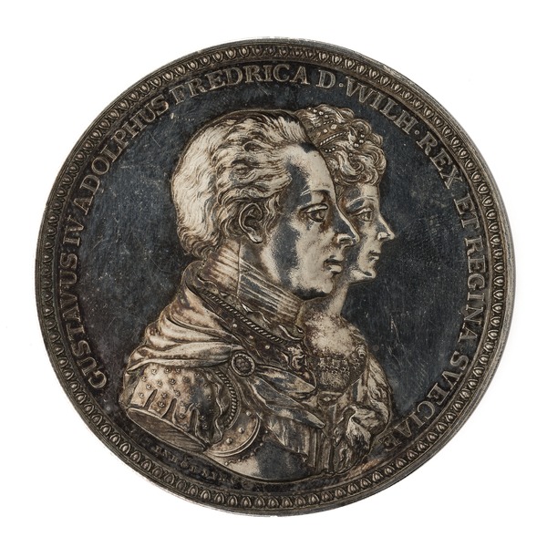 File:Framsida av medalj med bild av Gustav IV Adolf och Fredika Wilhelmina i profil samt text - Skoklosters slott - 99523.tif