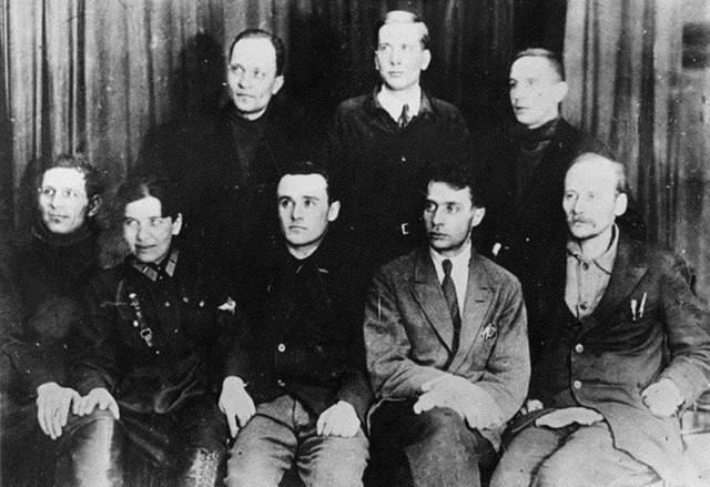 Members of the Group for the Study of Reactive Motion (GIRD). 1931. Left to right: standing I.P. Fortikov, Yu A Pobedonostsev, Zabotin; sitting: A. Le