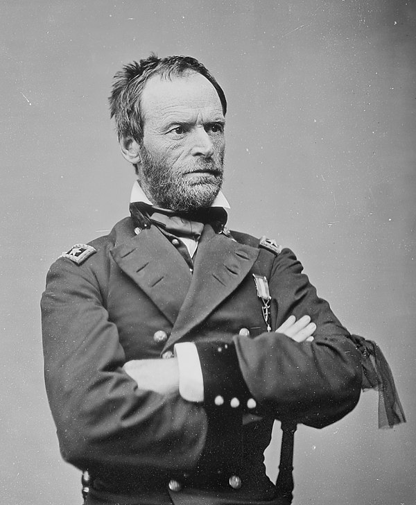 Photograph by Mathew Brady of Sherman in Washington, D.C., in May 1865. The black ribbon of mourning on his left arm is for President Abraham Lincoln.