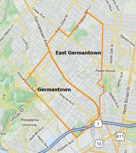 Modern borders of Germantown and East Germantown, Philadelphia