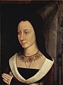 Retrato de María Portinari, 1470. Hennin alto truncado, acompañado de velo transparente largo y velo corto negro de terciopelo.