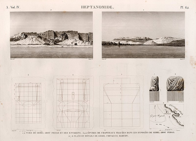 File:Heptanomide. 1.2. Vues de Gebel Abou Fedah et des environs; 3-5. Épures de chapiteaux tracées dans les hypogées de Gebel Abou Fedah; 6-8. Plans et détails de Gebel Cheykh el Harydy (NYPL b14212718-1268157).jpg