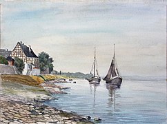 Schokkers in art on the Rhine near Koblenz around 1950, water color by Hermann Spurzem