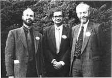 Huw Dixon 1992, Chair of Royal Economic Society Conference, with Jagdish Bhagwati (invited speaker) and Sir David Hendry (President of RES) Huw Dixon 1992.JPG