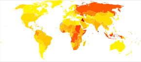 Deaths from injuries per 100,000 inhabitants in 2004
.mw-parser-output .col-begin{border-collapse:collapse;padding:0;color:inherit;width:100%;border:0;margin:0}.mw-parser-output .col-begin-small{font-size:90%}.mw-parser-output .col-break{vertical-align:top;text-align:left}.mw-parser-output .col-break-2{width:50%}.mw-parser-output .col-break-3{width:33.3%}.mw-parser-output .col-break-4{width:25%}.mw-parser-output .col-break-5{width:20%}@media(max-width:720px){.mw-parser-output .col-begin,.mw-parser-output .col-begin>tbody,.mw-parser-output .col-begin>tbody>tr,.mw-parser-output .col-begin>tbody>tr>td{display:block!important;width:100%!important}.mw-parser-output .col-break{padding-left:0!important}}
.mw-parser-output .legend{page-break-inside:avoid;break-inside:avoid-column}.mw-parser-output .legend-color{display:inline-block;min-width:1.25em;height:1.25em;line-height:1.25;margin:1px 0;text-align:center;border:1px solid black;background-color:transparent;color:black}.mw-parser-output .legend-text{}
no data
< 25
25-50
50-75
75-100
100-125
125-150
150-175
175-200
200-225
225-250
250-275
> 275 Injuries world map - Death - WHO2004.svg