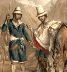 Hats as an indicator of social status: a foreman (with horse) wears a hat of greater height than the accompanying inquilino (1821 Chile). Inquilinos.gif