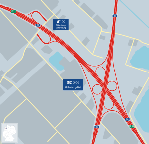 Az Oldenburg-Ost autópálya kereszteződés vázlatos térképe