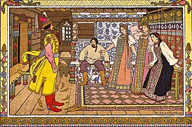 Illustrasjon av Ivan Bilibin (1876-1942) til det russiske folkeventyret Maria Morevna. Alle jentene er teikna med tradisjonelle sarafanar. Mennene har òg russiske folkedrakter, blant anna med kosovorotka («russarskjorte»).