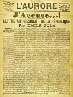 Le journal L’Aurore du 13 janvier 1898 avec en une la lettre ouverte J'accuse…! d'Émile Zola adressée au président de la République lors de l’affaire Dreyfus. (définition réelle 1 655 × 2 197)