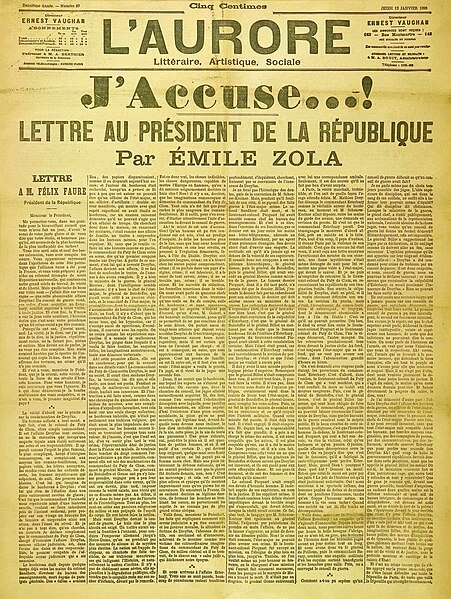 The front page of L'Aurore (13 January 1898) featured Émile Zola's open letter J'Accuse…! asking the French President Félix Faure to resolve the Dreyf