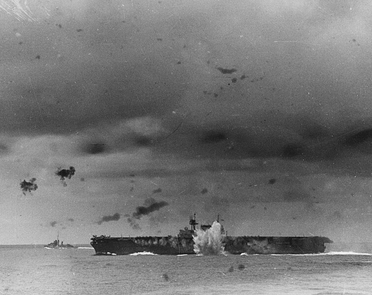 File:Japanese bomb explodes off the port side of USS Enterprise (CV-6) during the Battle of the Santa Cruz Islands on 26 October 1942 (80-G-30198).jpg