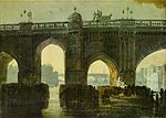 Old London Bridge by J. M. W. Turner, showing the new balustrade and the back of one of the pedestrian alcoves.