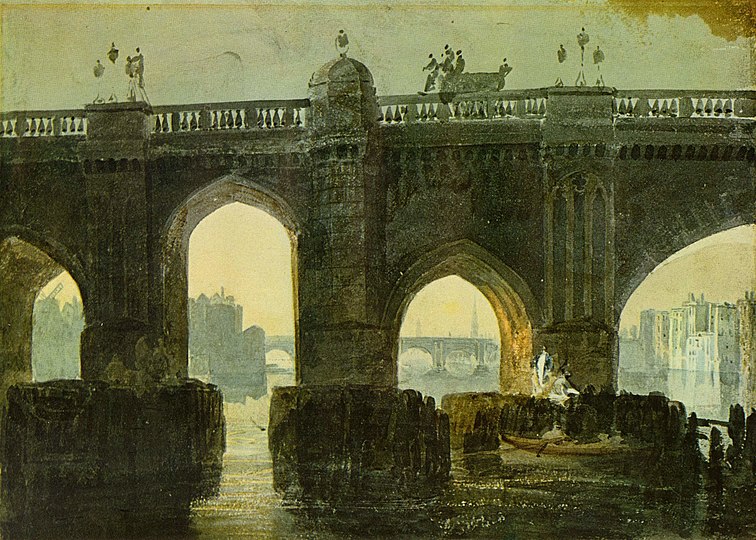 Old London Bridge by J. M. W. Turner, showing the new balustrade and the back of one of the pedestrian alcoves