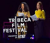 Moore with Jurnee Smollett-Bell at the Time's Up event at the 2018 Tribeca Film Festival (28 April 2018)