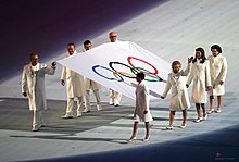 The Olympic flag entering the stadium. KOCIS Sochi Winter Olympic Opening 18 (12446328485).jpg