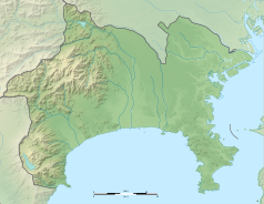 Mapa konturowa Kanagawy, po prawej znajduje się punkt z opisem „Jokohama”