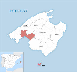 Die Lage der Comarca Palma auf der Insel Mallorca