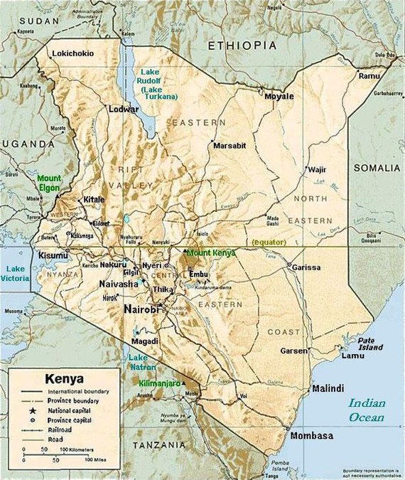 El mont Elgon (centre esquerre) es troba a la frontera entre Uganda i Kenya, a la Província Occidental, al nord de Kakamega, a l'oest de Kitale