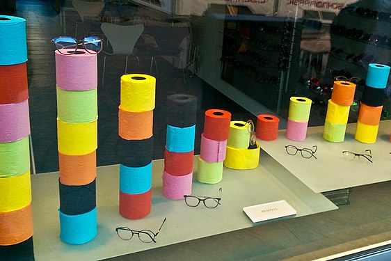 An optician's window display inspired by the hare-brained toilet paper hoarding that has become popular in the last two months.