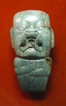 The jade Kunz Axe, first described by George Kunz in 1890. Although shaped like an axe head, with an edge along the bottom, it is unlikely that this artifact was used except in ritual settings. At a height of 28 cm (11 in), it is one of the largest jade objects ever found in Mesoamerica. Kunz Axe.jpg