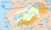 Carte des bassins versants harnachés par le complexe La Grande, qui sʼétend de la frontière du Labrador à la baie James.