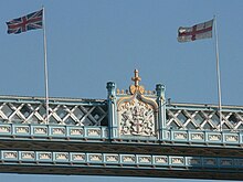 Flag flying on Tower Bridge London, Tower Bridge - coat of arms and flags - geograph.org.uk - 560793.jpg