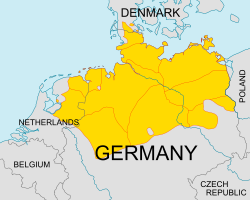 בצהוב - האזור בו יש יש שימוש בגרמנית תחתית