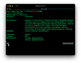 Output of port info hashcat. This provides information about a port from its portfile. MacPorts Hashcat Info.png