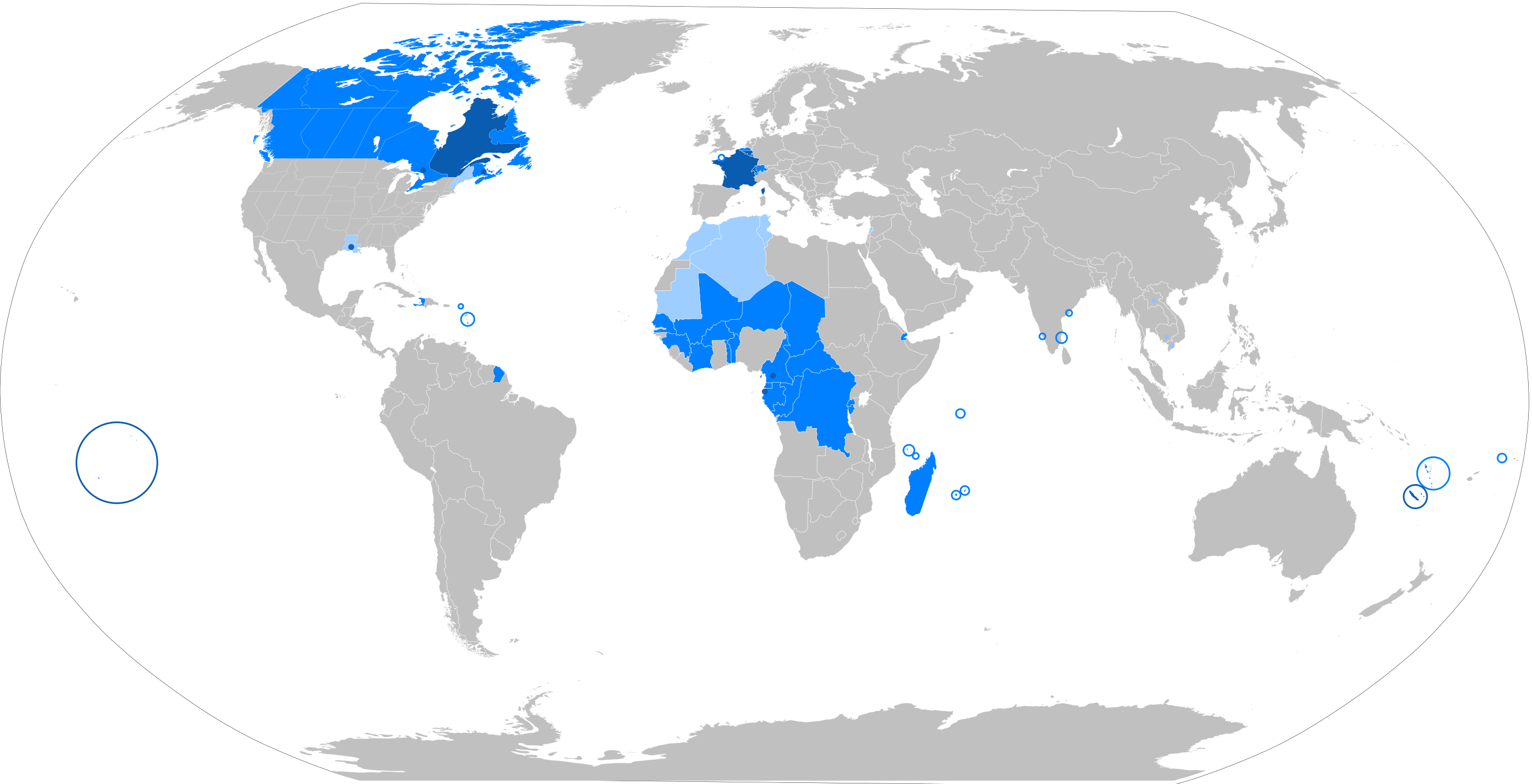 This world map shows the spread of French around the world. The depth of blue indicates the level of penetration of French into the country. In those countries which are not dark blue, French typically coexists alongside other, often majority, languages. The green squares represent linguistic minorities, typically in cities.