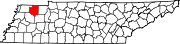 Harta statului Tennessee indicând comitatul Weakley