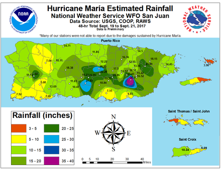 High amounts of rain fell on the island of Puerto Rico in less than 48 hours. The map shows estimated totals and exact totals where available.