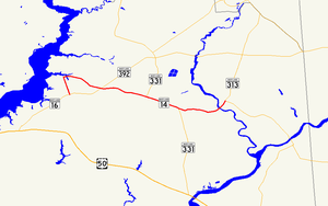 Un mapa del norte del condado de Dorchester, Maryland, que muestra las carreteras principales.  La ruta 14 de Maryland va desde Secretary hasta Eldorado.