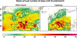 Mean annual number of days with thunderstorms in Europe, reconstructed using model data from ERA-interim (left) and lightning data, mainly from ZEUS (right). Istanbul is colored green to yellow on both maps, indicating a value between 10 and 15.