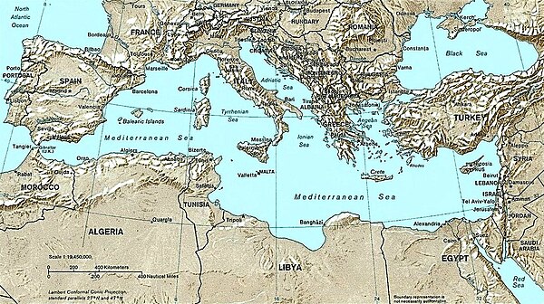 Mediterranean Sea area of operation (modern-day political boundaries are shown).