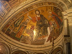 The mosaic depicting St. Miniato to the right of Christ holding a crown. The inscription reads: S. MINIATUS REX ERMINIE. MiniatomoasicFirenze.JPG