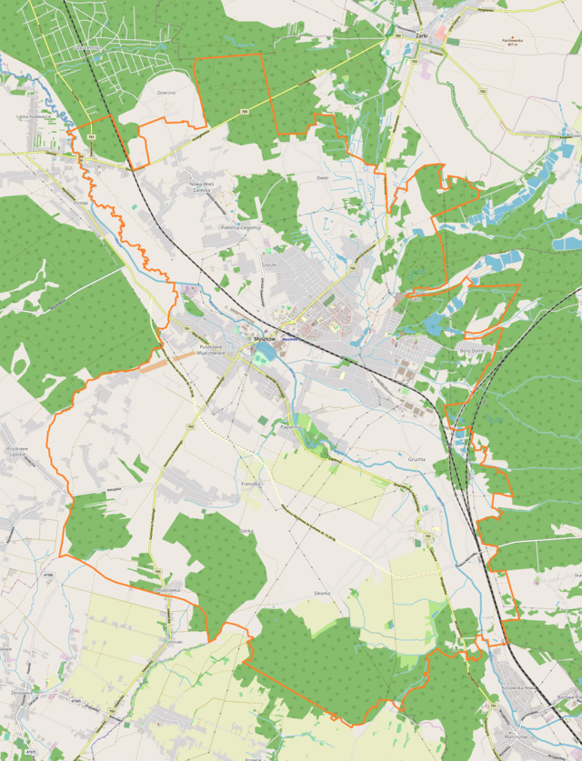 Mapa konturowa Myszkowa, w centrum znajduje się punkt z opisem „Kaplica Narodzenia Pana Jezusaw Myszkowie”