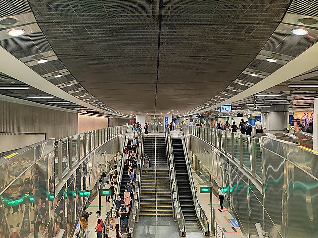 View of the HorbourFront station's platform level from the concourse level showing the elliptical styling.