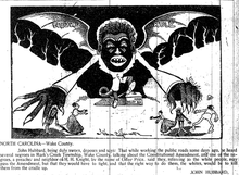A massive caricature of a black man with bat wings reaches out to grab smaller white people. At his feet is a box labeled "FUSION BALLOT BOX". The caption reads: "North Carolina-Wake County. John Hubbard, being duly sworn, deposes and says: That while working the public roads some days ago, he heard several negroes in Mark's Creek Township, Wake County, talking about the Constitutional Amendment, and one of the negroes, a preacher and neighbor of H. H. KNight, by the name of Offee Price, said they, referring to the white people, may pass the Amendment, but that they would have to fight, and that the right way to do them, the whites, would be to kill them from the cradle up. JOHN HUBBARD."