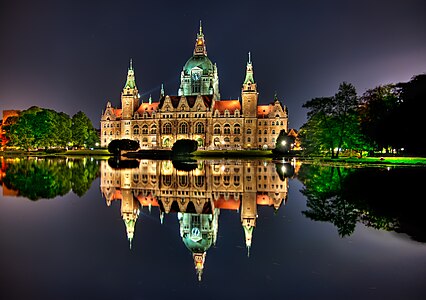 Hanover, Germany, Neues Rathaus (New Town Hall) at night