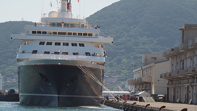 Water splash from stretched out mooring lines at Port of Shimonoseki.