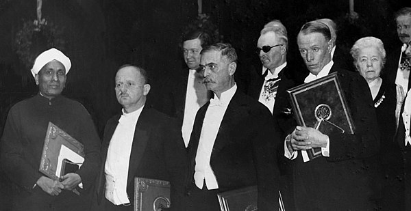 Raman at the 1930 Nobel Prize Award Ceremony with other winners, from left C. V. Raman (physics), Hans Fischer (chemistry), Karl Landsteiner (medicine