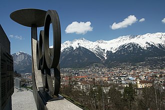 View of Innsbruck from Mt. Bergisel Olympiaringe Innsbruck 3.JPG