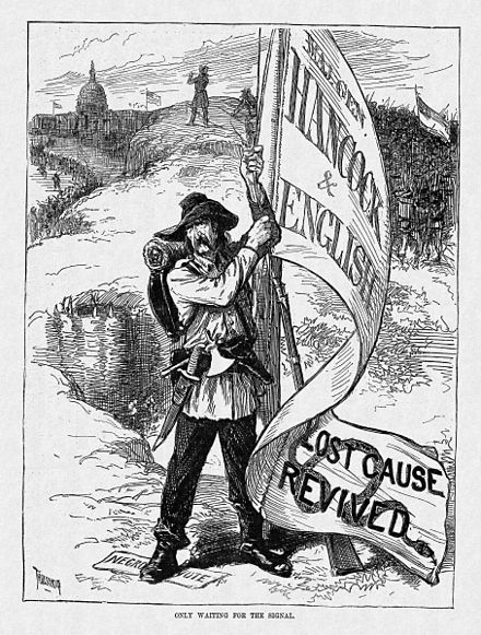 A cartoon from Harper's Weekly suggests that defeated Confederates will overturn the results of the Civil War should Hancock be elected.