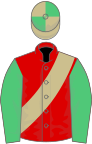 Red, beige sash, emerald green sleeves, beige and emerald green quartered cap